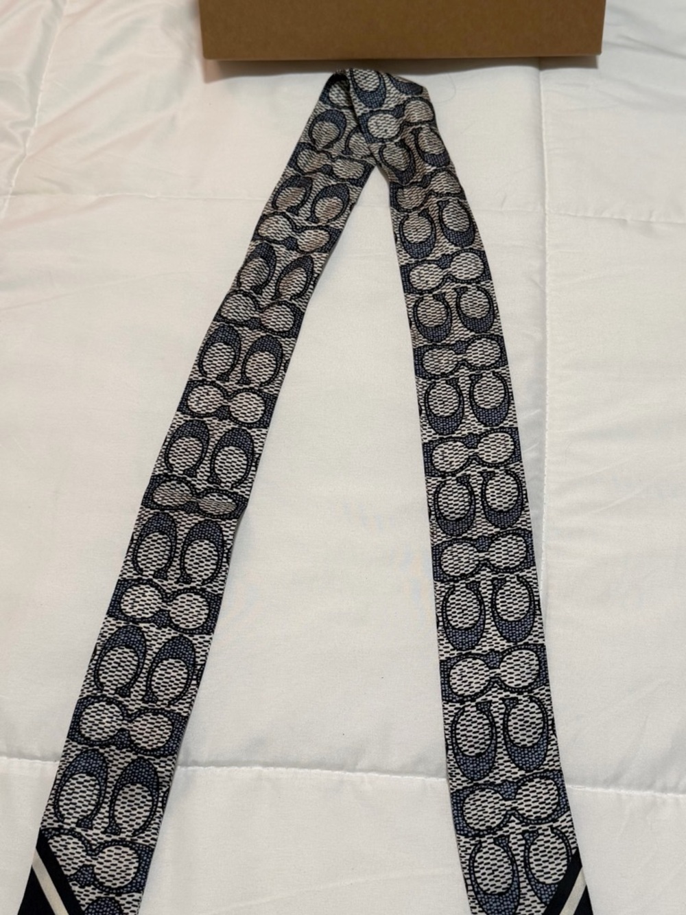 Coach Navy and White Signature Logo Skinny Scarf